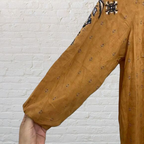 Dressbarn L Mustard Boho Embroidered Peasant Blouse Tassel - Picture 10 of 11